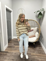 LIZ CREAM MOCHA STRIPE HENLEY SWEATER TOP