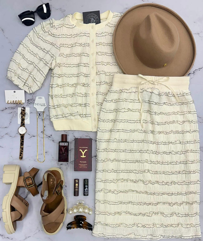 SADIE CREAM AND BLACK TEXTURE MIDI SKIRT