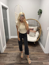 LYLA CREAM RIBBED LETTUCE RUFFLE SHORT SLEEVE TOP