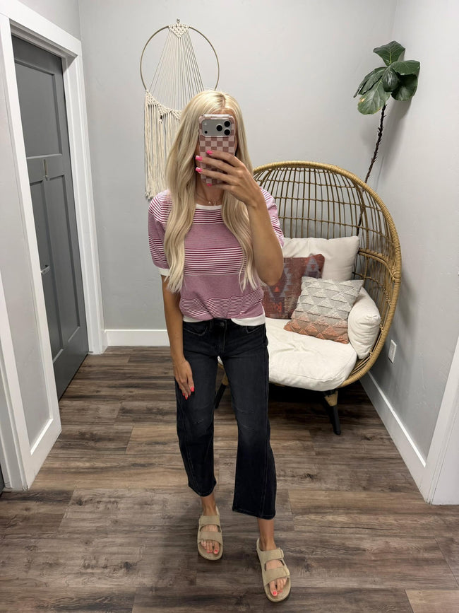 TARA MAGENTA COLORBLOCK STRIPE SHORT SLEEVE TOP
