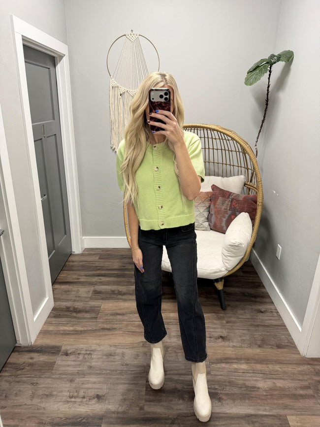 MANDY ALO LIGHT GREEN BUTTON UP CARDIGAN SHORT SLEEVE TOP