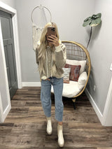 RYLIE TAUPE AND CREAM HOODED BUTTON UP CARDIGAN TOP