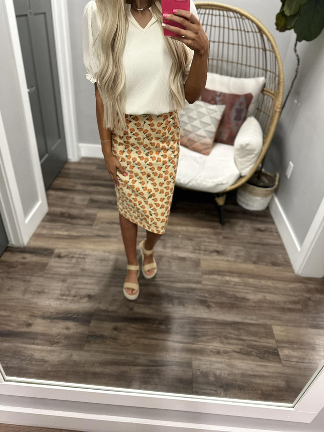 SUNDANCE FLORAL CORDUROY BUTTON FRONT SKIRT