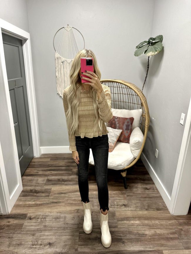 ROMAN TAUPE CRINKLE LONG SLEEVE BLOUSE TOP
