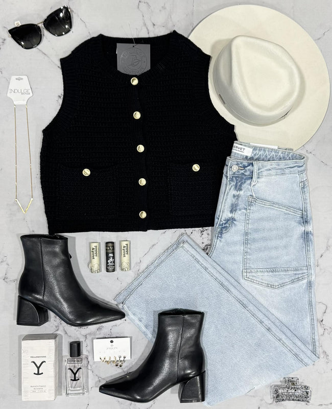 SUTTON BLACK BUTTON FRONT SWEATER TOP