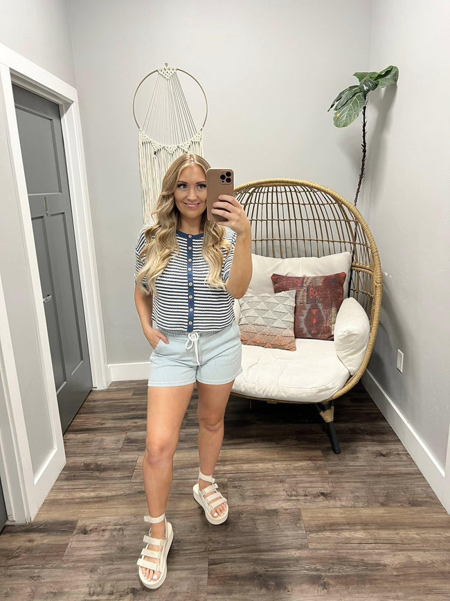REBECCA HIGH RISE PINSTRIPE DENIM SHORTS
