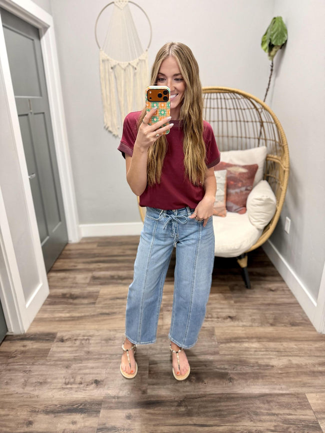 CARRIE MAROON RIBBED RINGER DETAIL TOP
