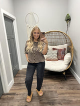 ALEXA WASHED BROWN SHORT SLEEVE CARDIGAN TOP