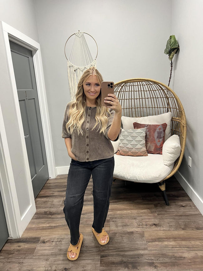 ALEXA WASHED BROWN SHORT SLEEVE CARDIGAN TOP