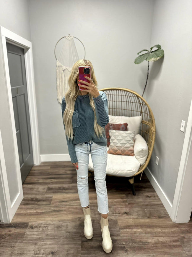 ALEXIA TEAL WASHED POCKET KNIT SWEATER TOP