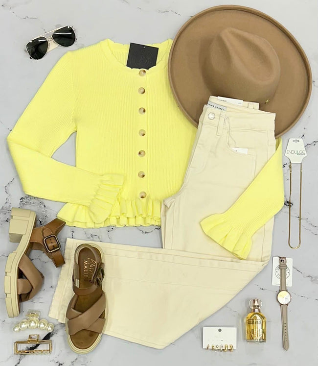 ELLIE PALE YELLOW RUFFLE DETAIL CARDIGAN TOP