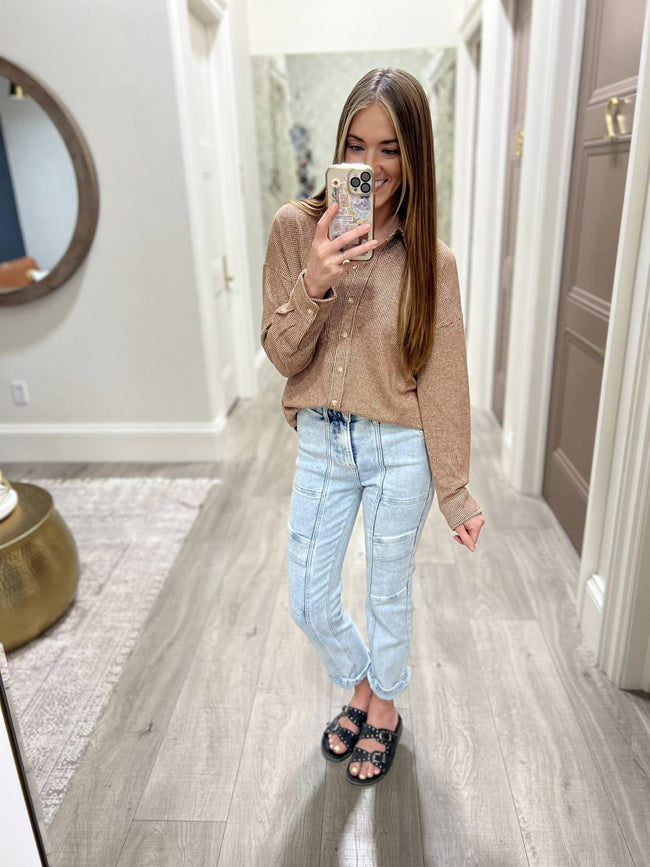 HOLLY CAMEL PLAID GINGHAM BUTTON UP TOP
