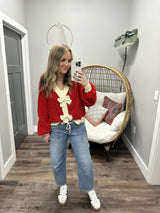 DARCIE RED AND IVORY BOW DETAIL CARDIGAN TOP