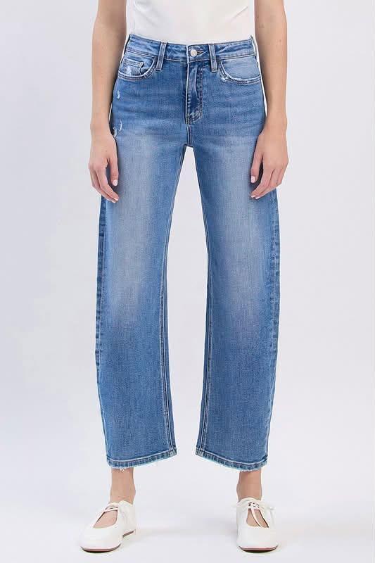 CLEO HIGH RISE MID WASH BARREL DENIM JEANS