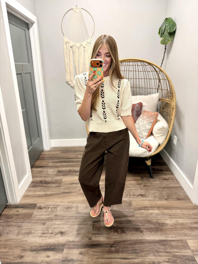 JAYDA CREAM AND BROWN STITCH SWEATER TOP