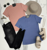 DENIM BLUE RIBBED SHORT SLEEVE TEE