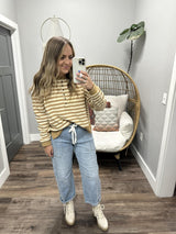 CARLY CREAM AND CAMEL BUTTON FRONT HENLEY STRIPE LONG SLEEVE TOP