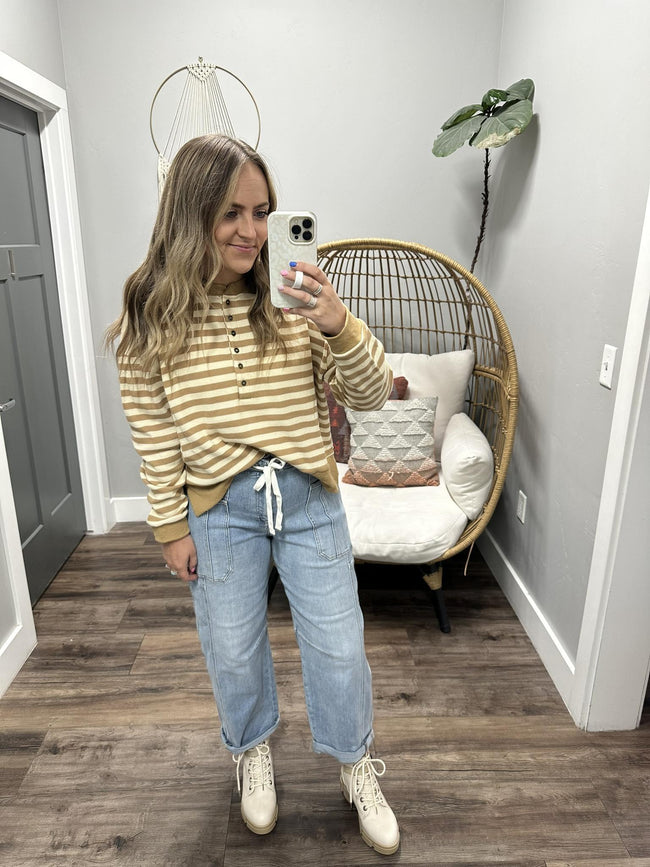 CARLY CREAM AND CAMEL BUTTON FRONT HENLEY STRIPE LONG SLEEVE TOP