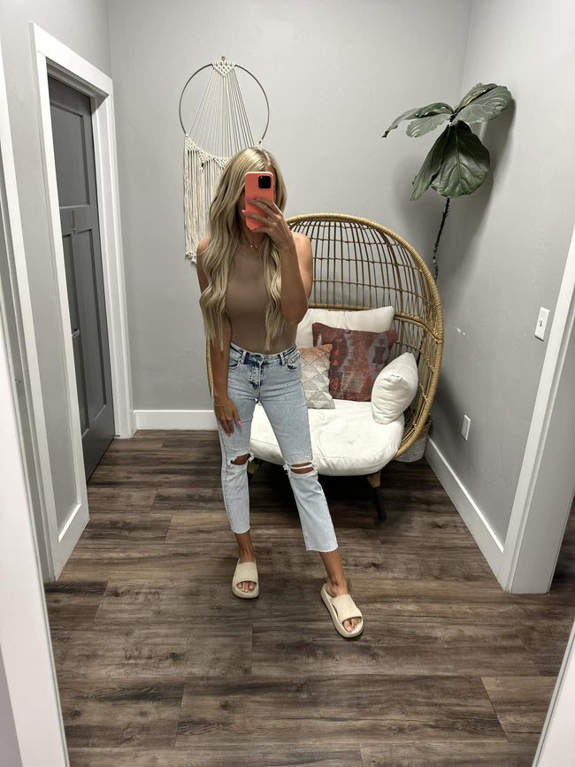 TAUPE FULL LENGTH WHO AM I SMOOTH TANK TOP