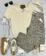 ANGIE WASHED OATMEAL CABLE KNIT HENLEY SWEATER TOP