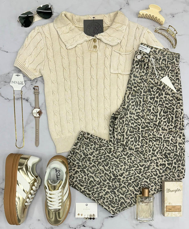 ANGIE WASHED OATMEAL CABLE KNIT HENLEY SWEATER TOP