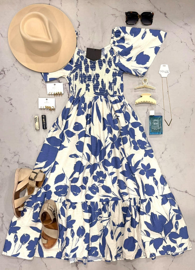 KENDRA BLUE FLORAL MIDI DRESS