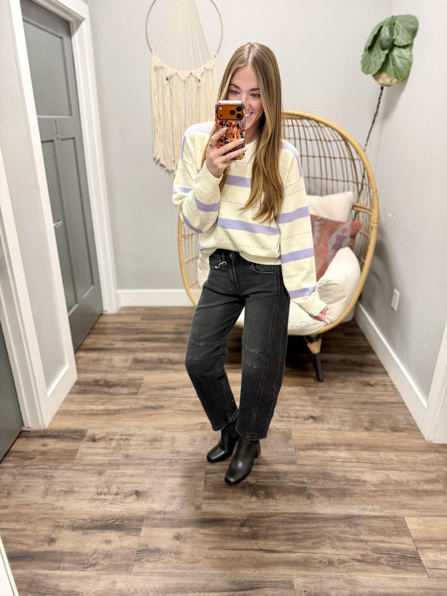 KASSIE IVORY AND LAVENDER STRIPE SWEATER TOP