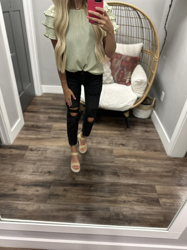PRETTY THING SAGE RUFFLE SLEEVE BLOUSE