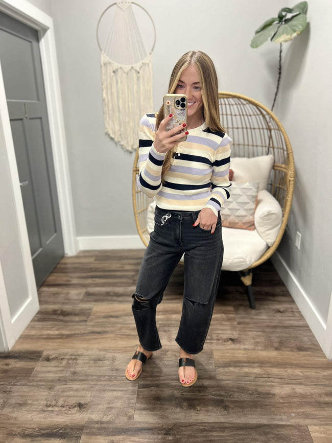 SELMA IVORY MULTI STRIPE LONG SLEEVE HENLEY TOP