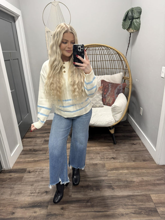 MARIAH CREAM AND BLUE STRIPE FEATURE SWEATER TOP