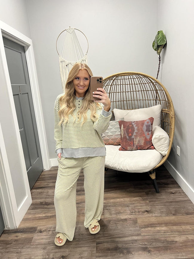 *2 PIECE SET* JENSEN PALE YELLOW HENLEY STRIPE TOP AND BOTTOM SET