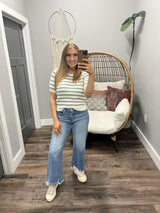 ABBIGAIL SAGE GREEN STRIPE SHORT SLEEVE PUFF SLEEVE SWEATER TOP