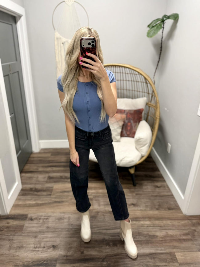 VAL DENIM BLUE SHORT SLEEVE BUTTON FRONT DETAIL TOP