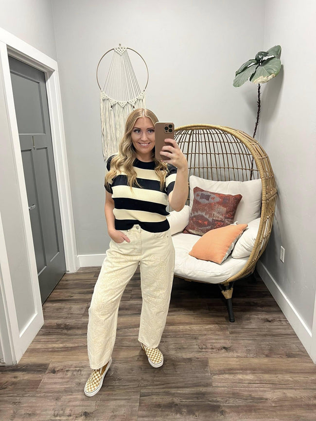AUBREY CREAM AND BLACK STRIPE SHORT SLEEVE TOP