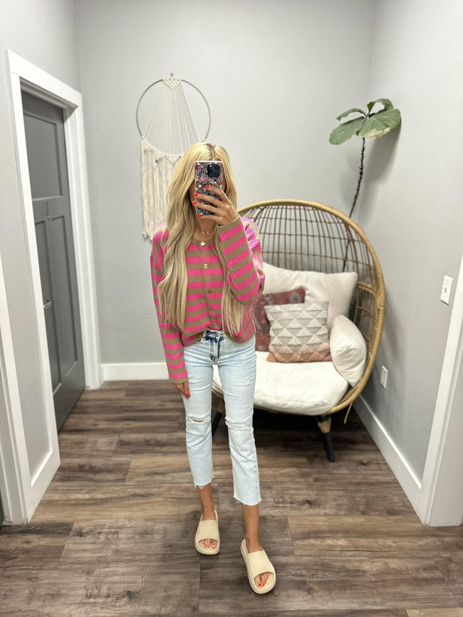 ASHTON MOCHA AND PUNCH STRIPE CARDIGAN TOP