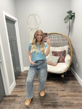 CRYSTAL SAPPHIRE BUTTON UP SHORT SLEEVE CARDIGAN TOP