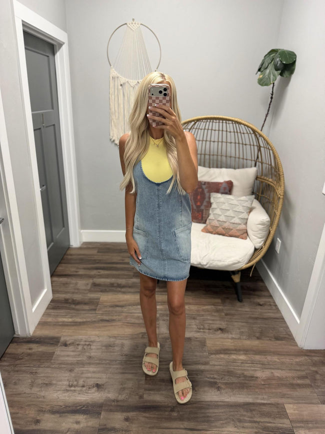 LAINEY DENIM BLUE OVERALL DRESS