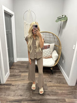 HARPER MOCHA TEXTURED 2 PIECE SHORT SLEEVE CARDIGAN PANT SET