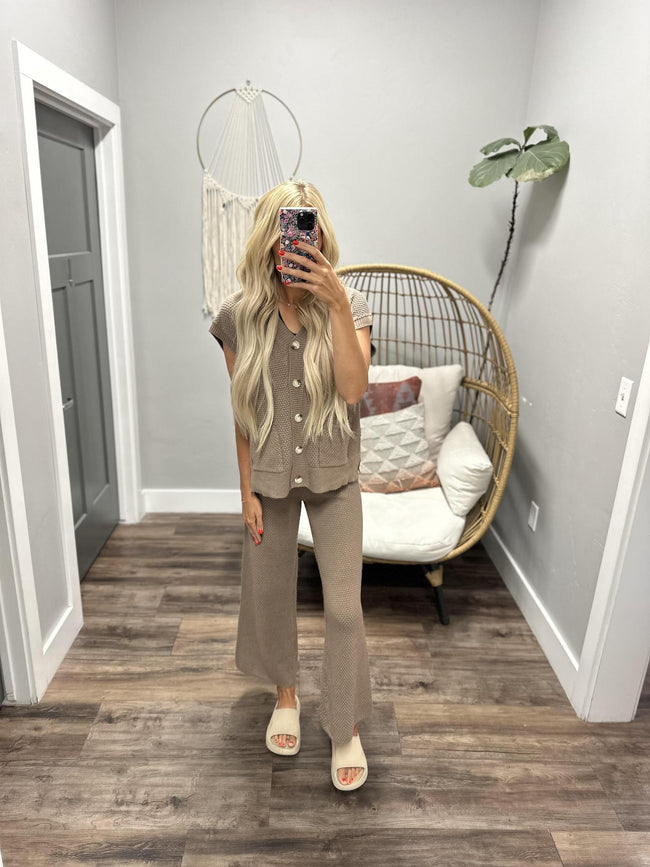 HARPER MOCHA TEXTURED 2 PIECE SHORT SLEEVE CARDIGAN PANT SET