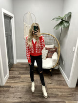 HOUNDSTOOTH RED BUTTON DOWN CARDIGAN