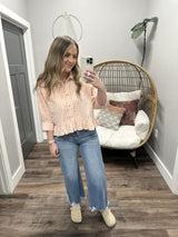 KENZIE PEACH STRIPE BUTTON UP PEPLUM BLOUSE TOP