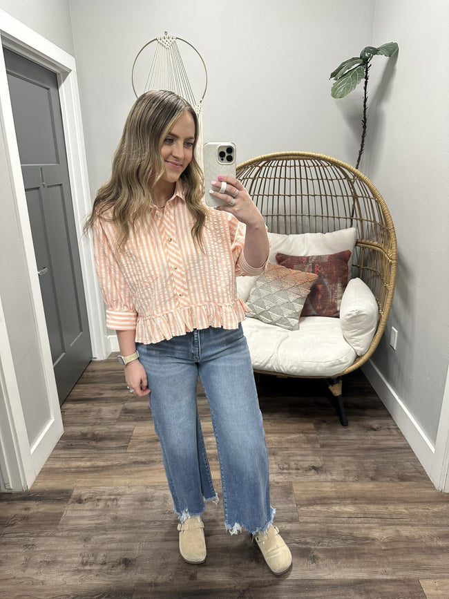 KENZIE PEACH STRIPE BUTTON UP PEPLUM BLOUSE TOP
