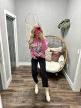 HOT PINK WASHED FREE BIRD CREW SWEATSHIRT TOP