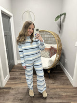 TORY LIGHT BLUE STRIPE COZY 2 PIECE WIDE LEG SET