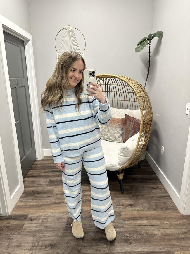 TORY LIGHT BLUE STRIPE COZY 2 PIECE WIDE LEG SET