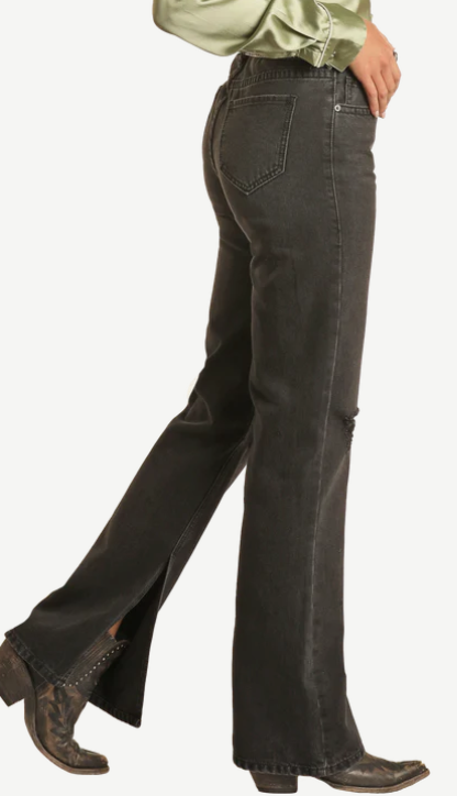 ROCK & ROLL BLACK HIGH RISE DISTRESSED SPLIT FLARE DENIM