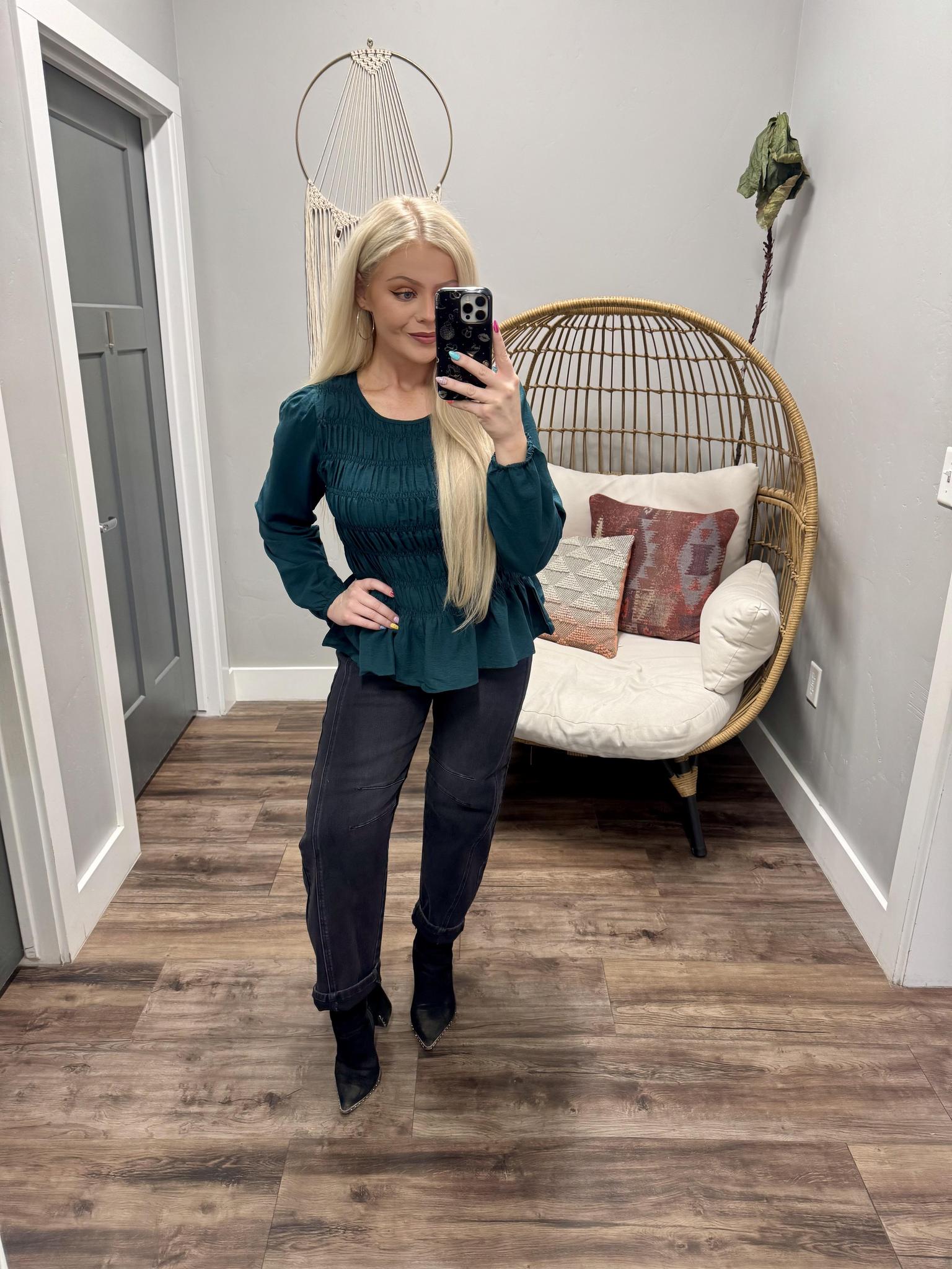 KAYDEE HUNTER GREEN SMOCKED BLOUSE TOP