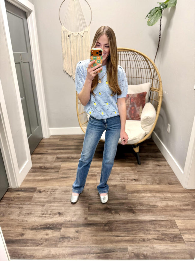 GRACE LIGHT BLUE LEMON DETAIL KNIT TOP
