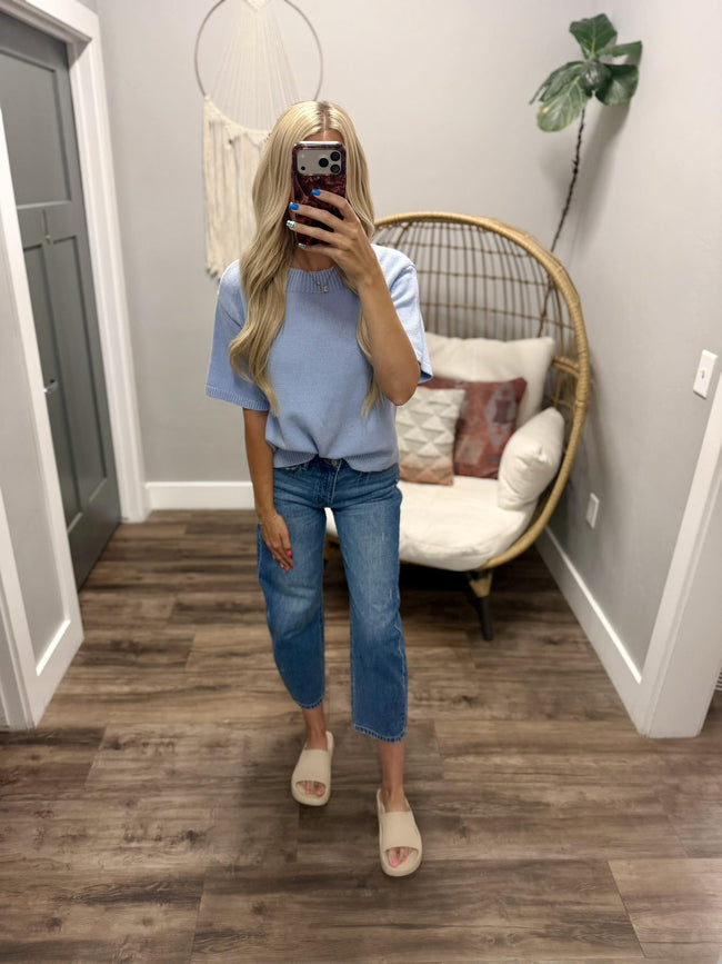 TALEASE BLUE KNIT SHORT SLEEVE SWEATER TOP