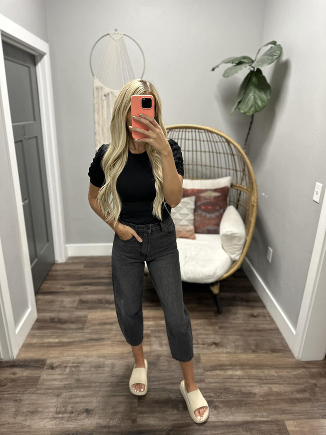 HEATHER BLACK TEXTURE RIBBED PUFF SLEEVE BLOUSE